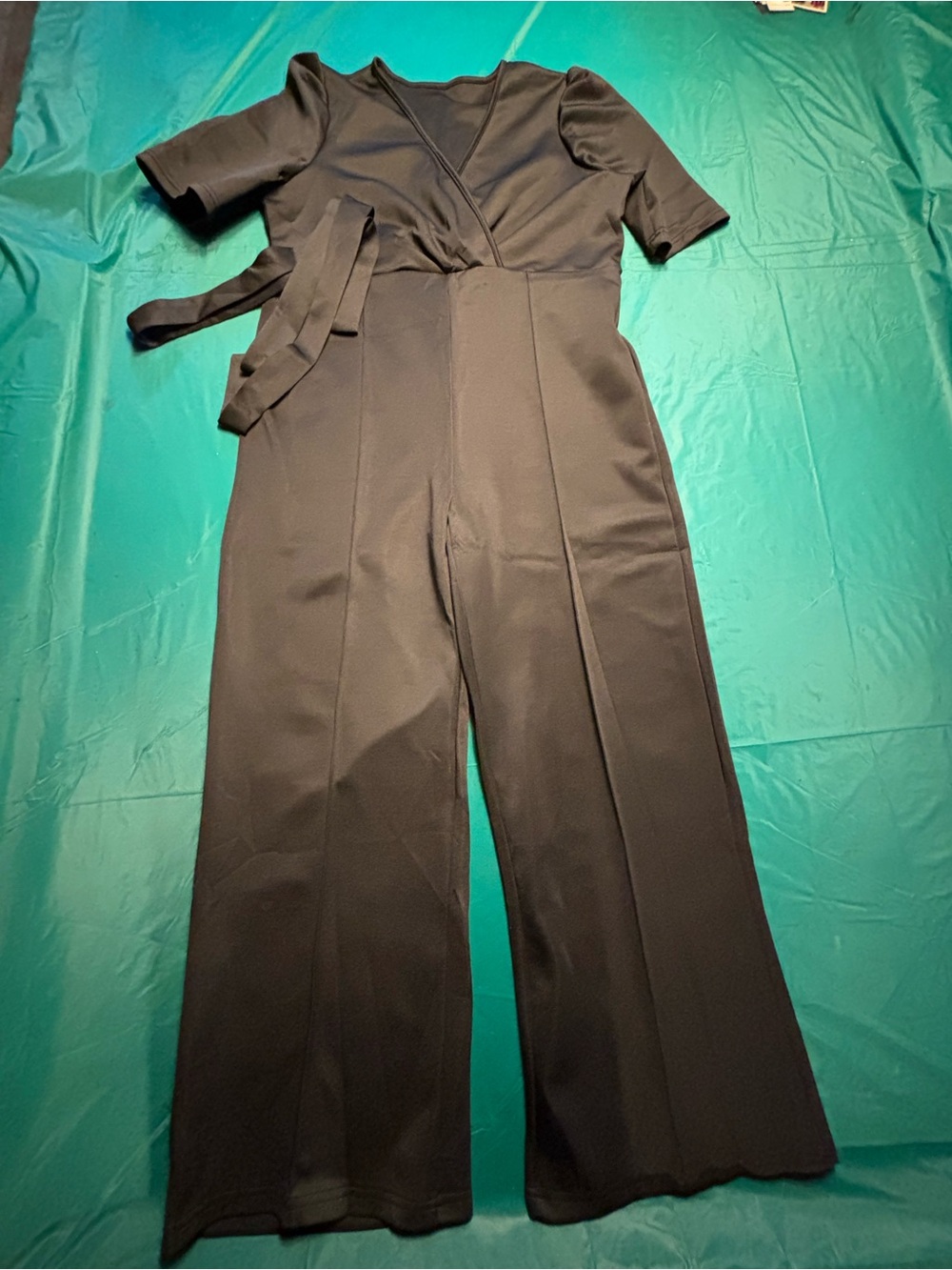 Black Wrap-Front Wide Leg Jumpsuit with Self-Tie Waist